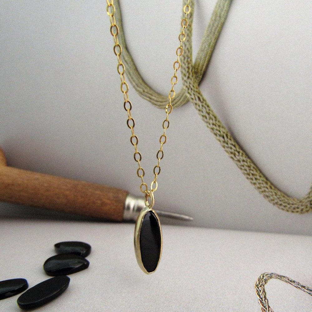 14K Gold Black Onyx Necklace | Drop shape Pendant | Personalized Gift